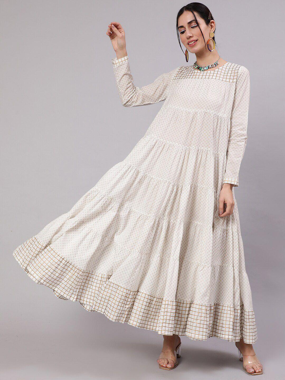 aks cream-coloured ethnic motifs print maxi dress