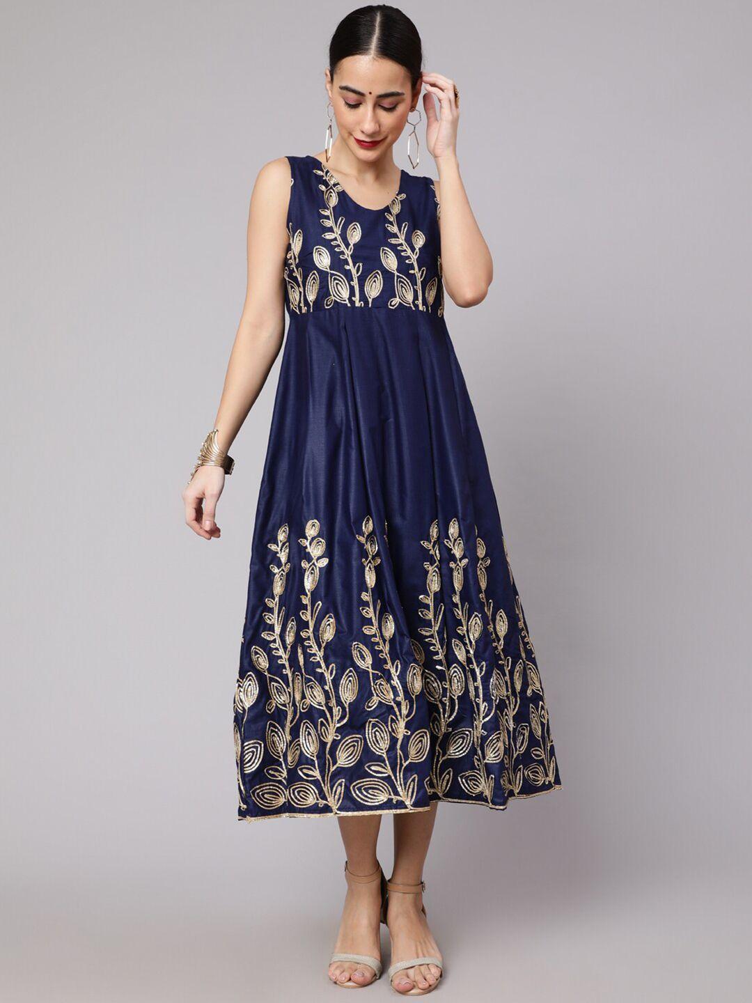 aks embroidered v-neck fit & flare midi ethnic dress