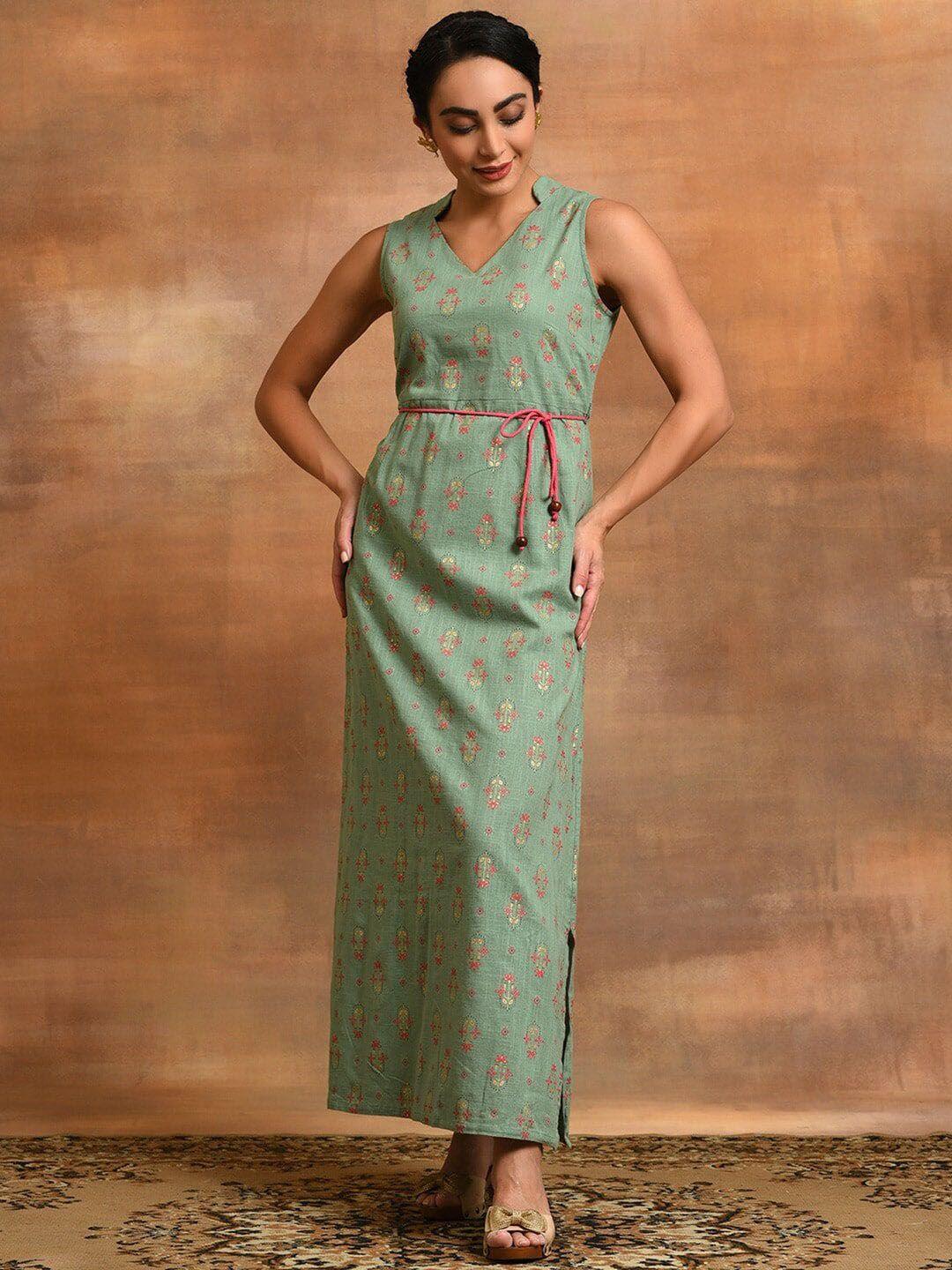 aks ethnic motifs printed a-line cotton maxi dress