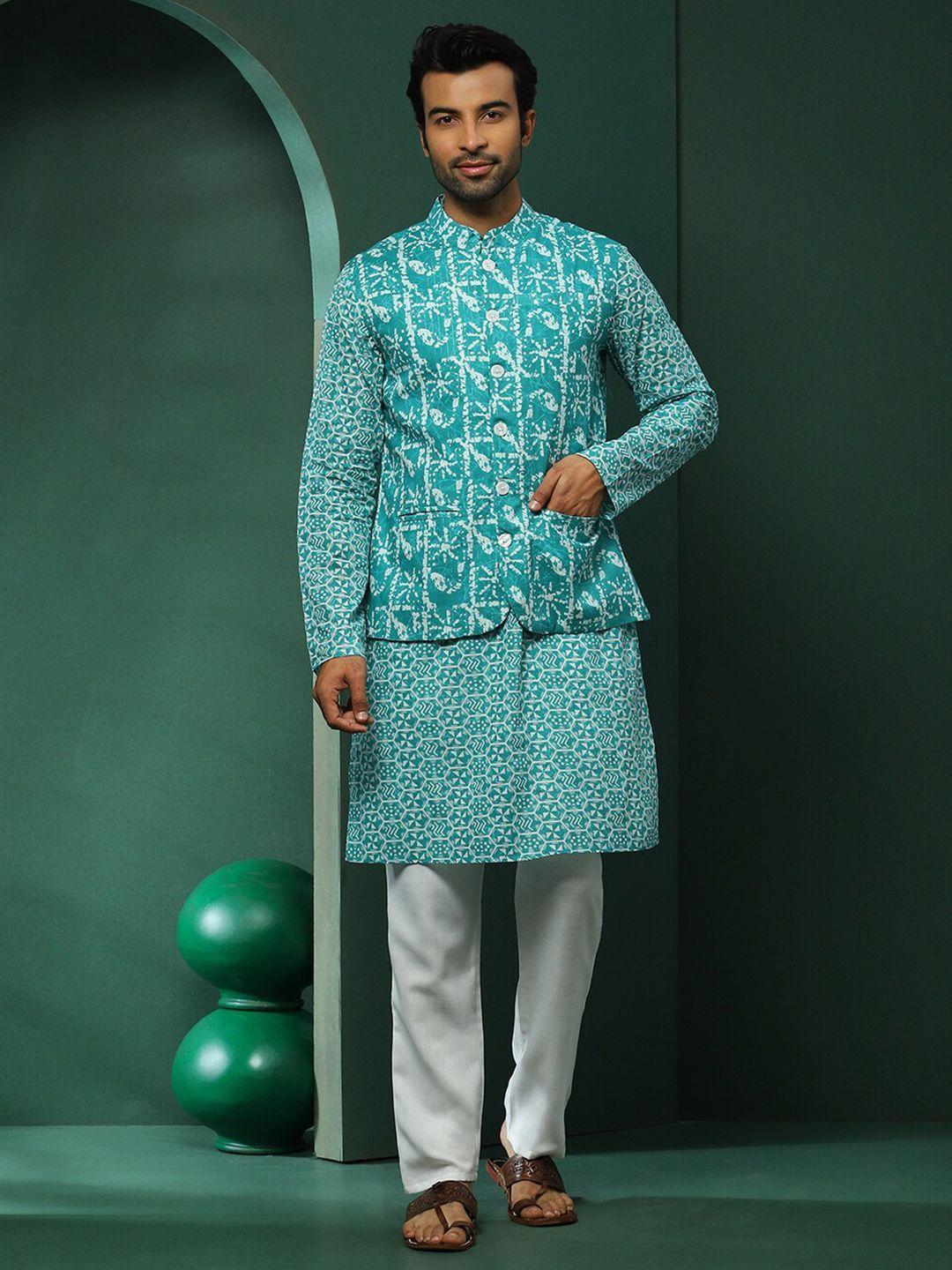 aks ethnic motifs printed cotton straight kurta with nehru jacket