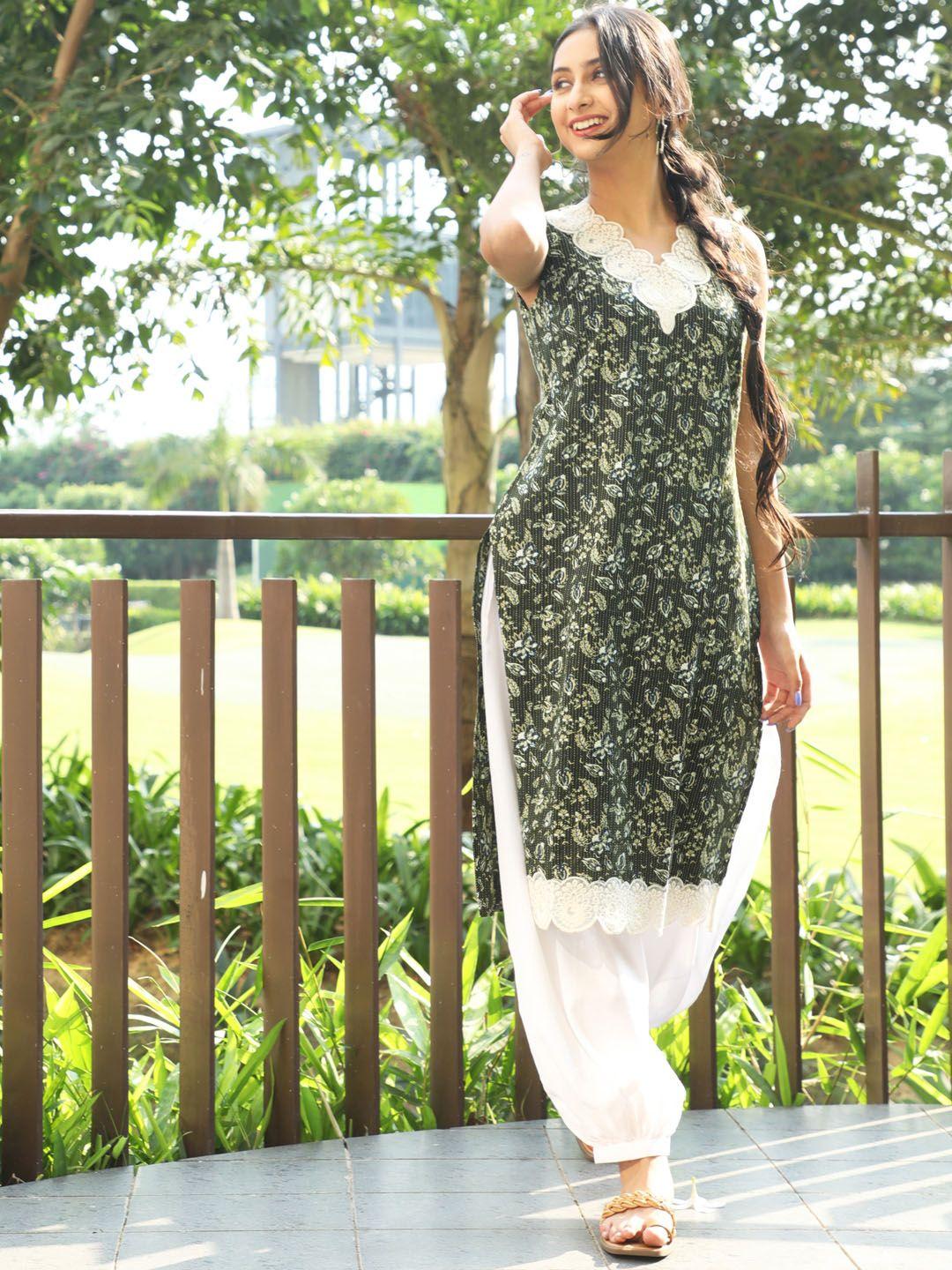 aks ethnic motifs printed lace detail pure cotton straight kurta