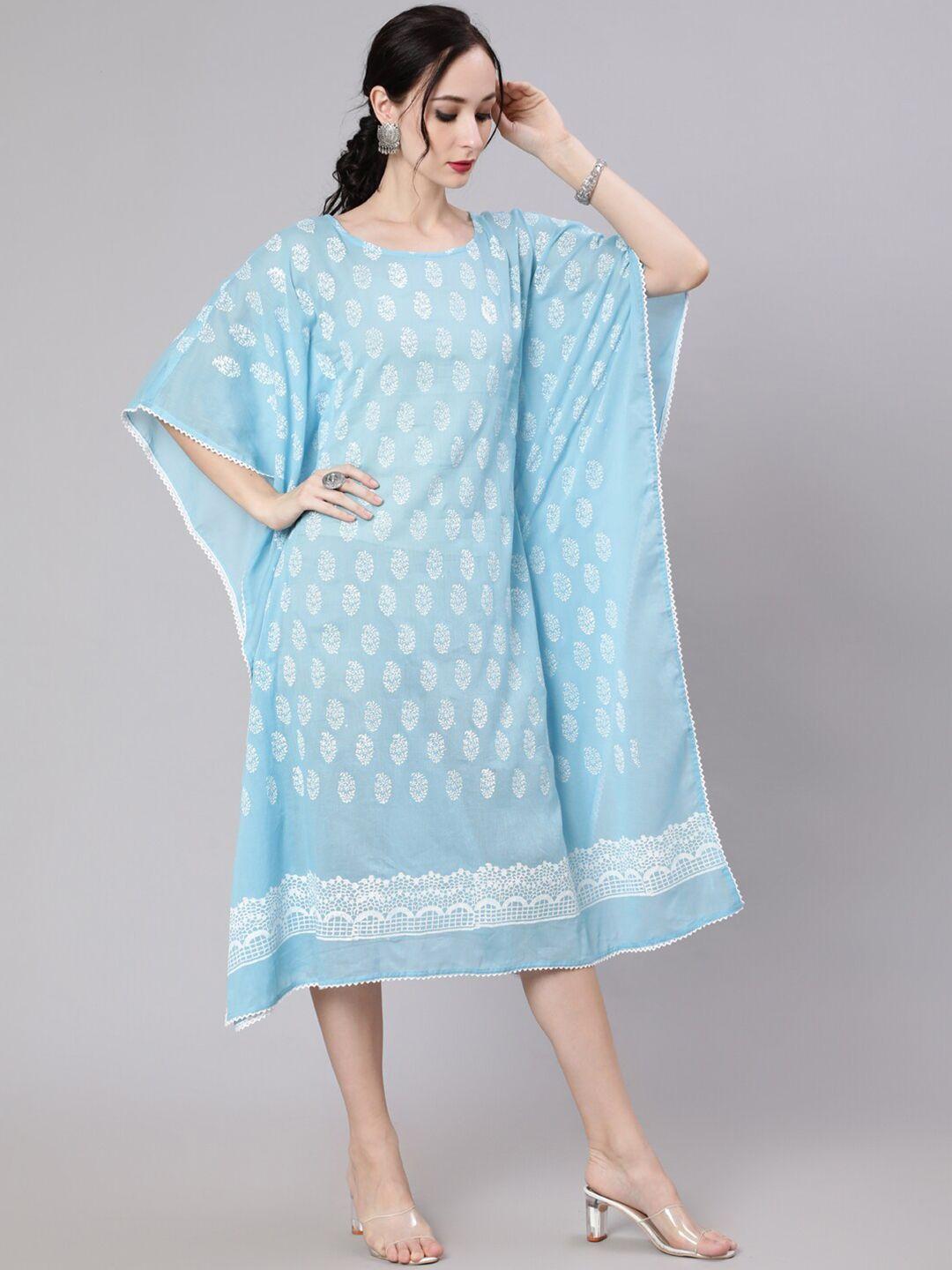 aks ethnic motifs printed lace-insert cotton kaftan midi dress