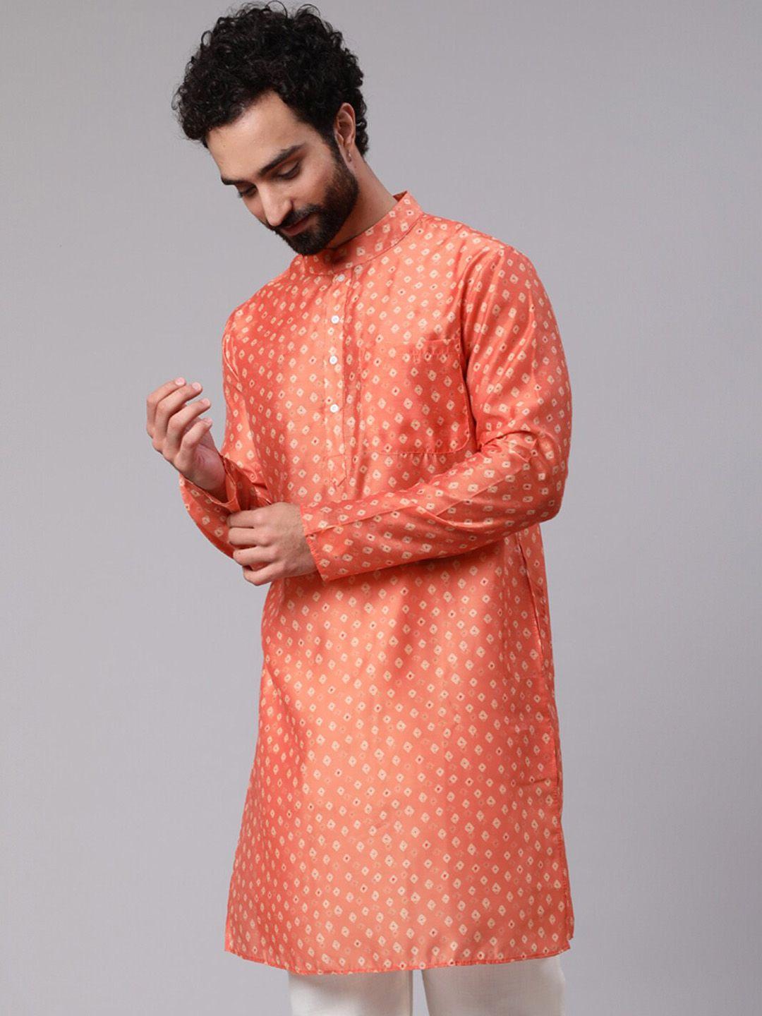 aks ethnic motifs printed mandarin collar chanderi silk straight kurta