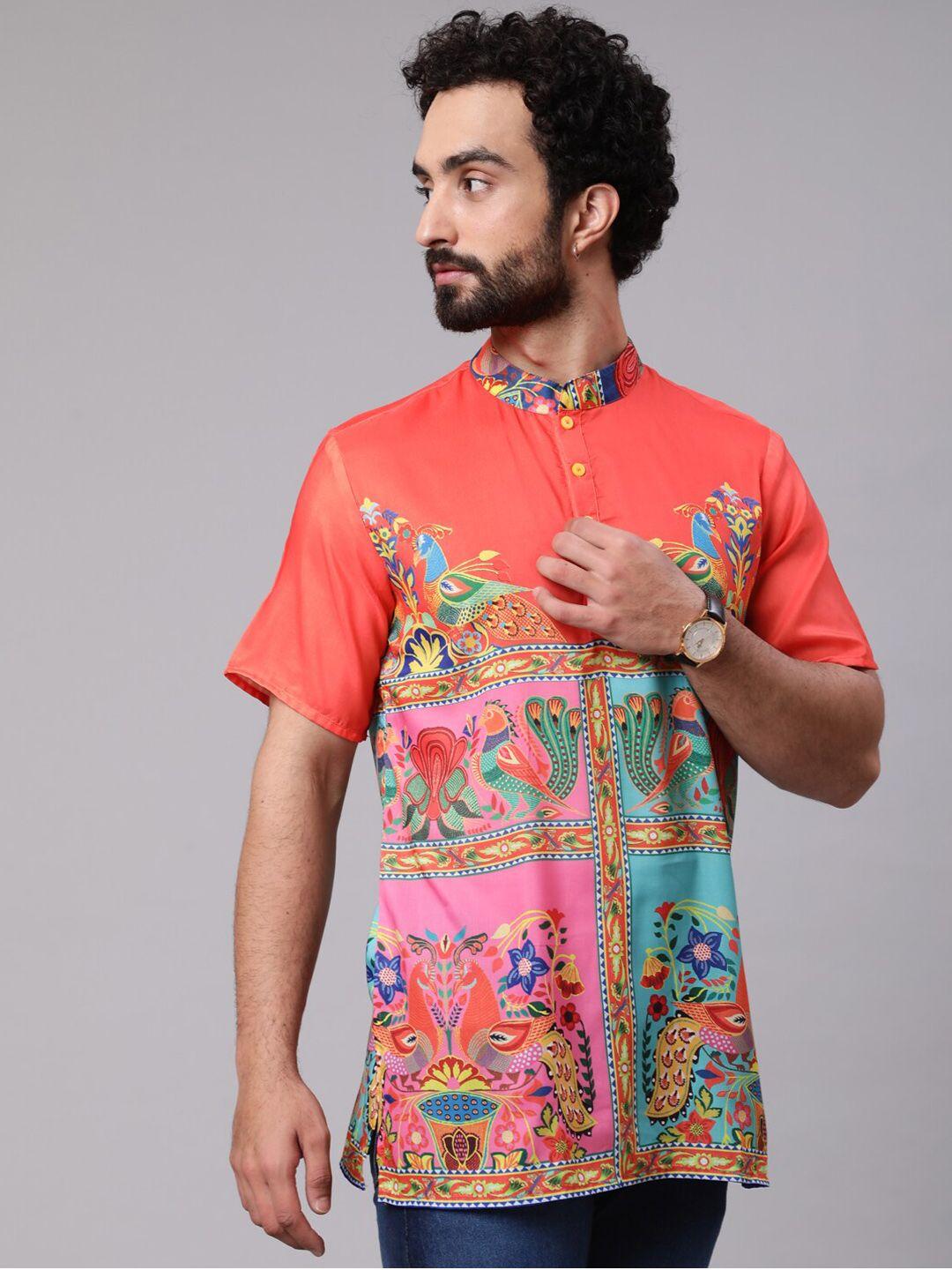 aks ethnic motifs printed mandarin collar cotton silk kurta