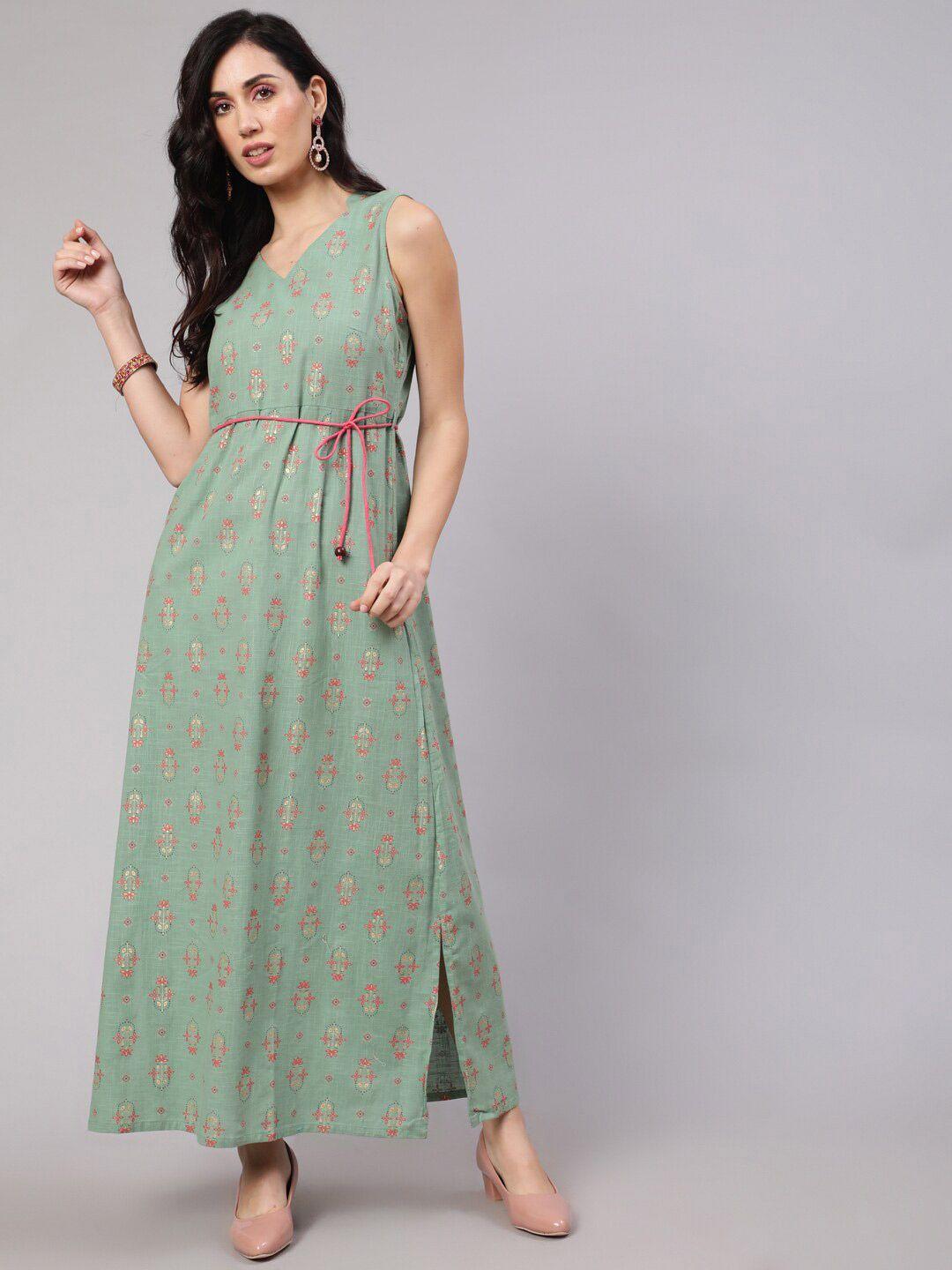 aks ethnic motifs printed v-neck cotton maxi dress