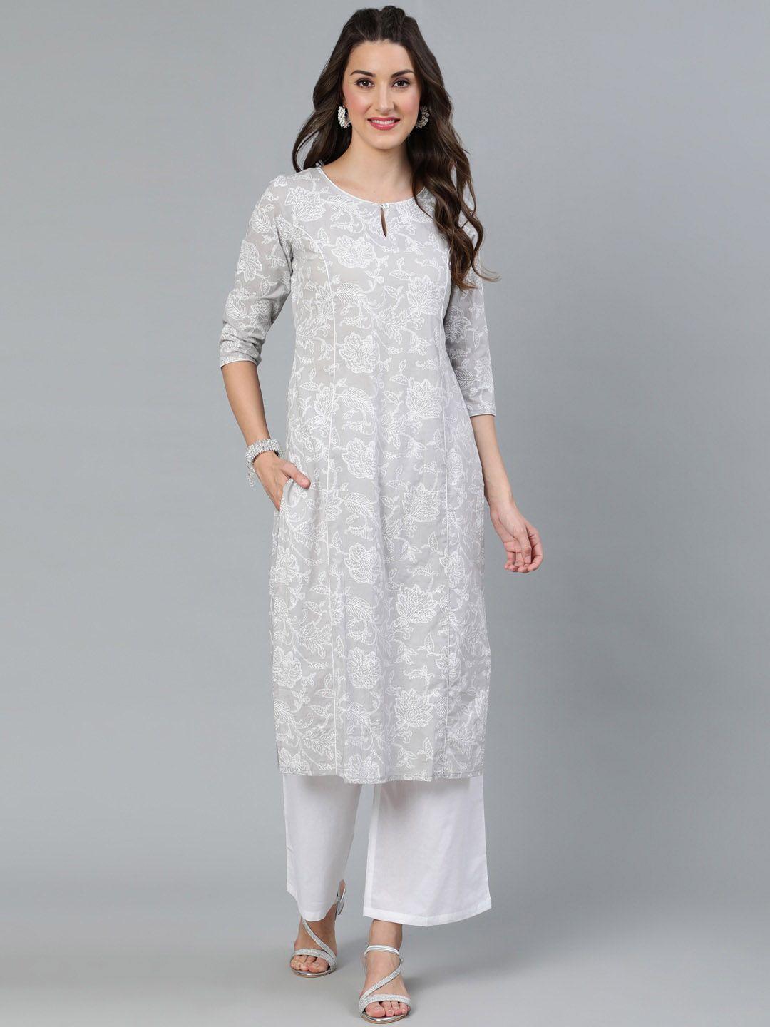 aks floral embroidered keyhole neck cotton straight kurta