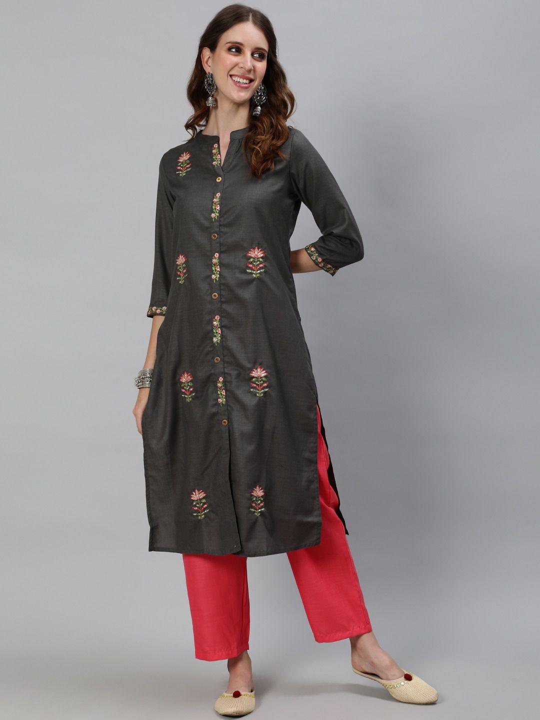 aks floral embroidered mandarin collar thread work detailed straight kurta with trousers