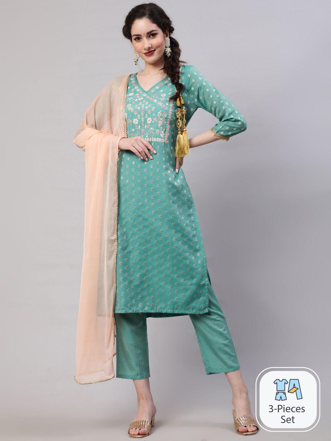 aks floral embroidered v-neck straight kurta with trousers & dupatta
