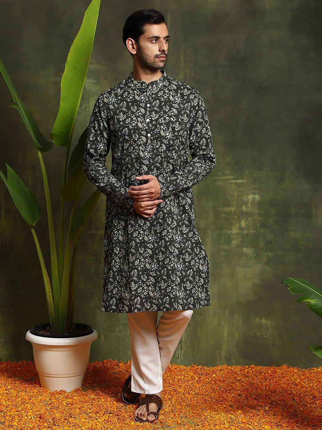 aks floral printed kantha work pure cotton kurta