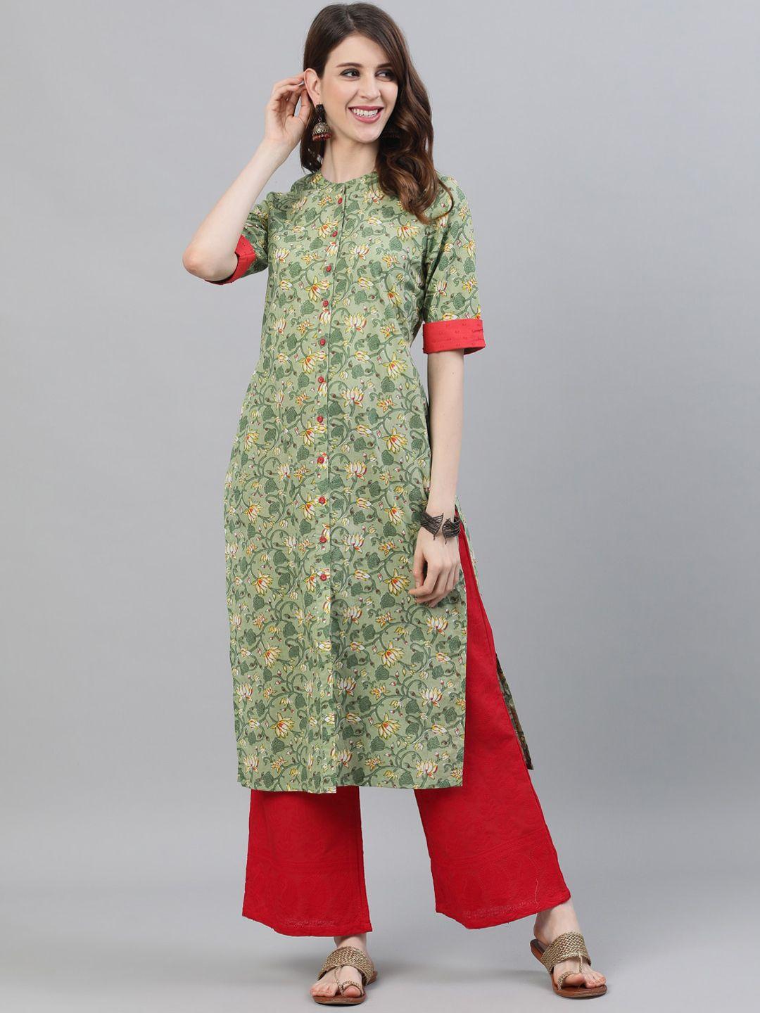 aks floral printed mandarin collar cotton kurta