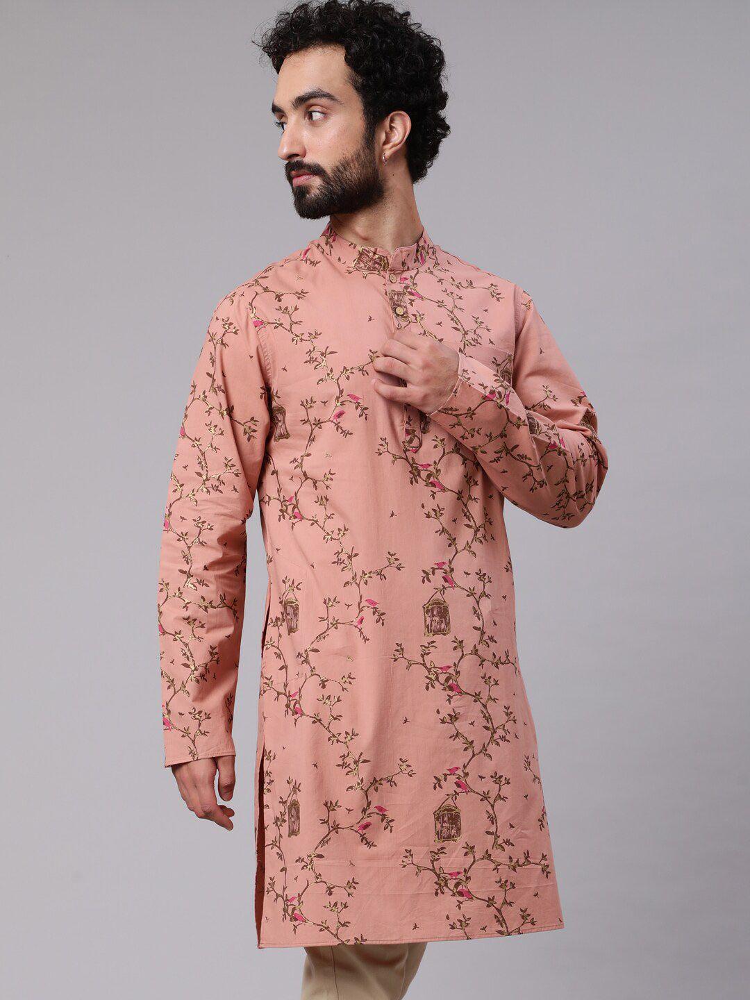 aks floral printed mandarin collar cotton regular kurta