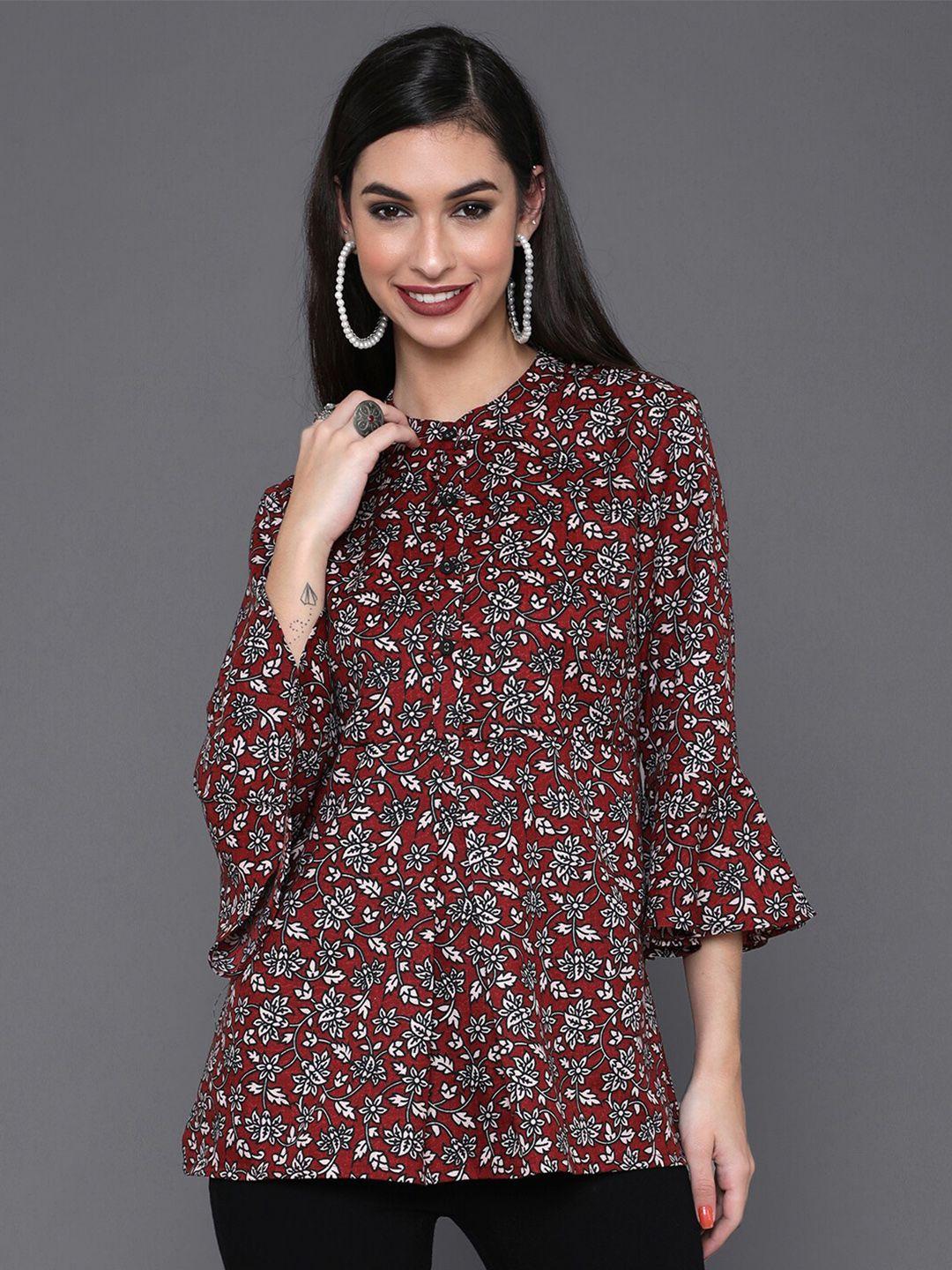 aks floral printed mandarin collar cotton tunic