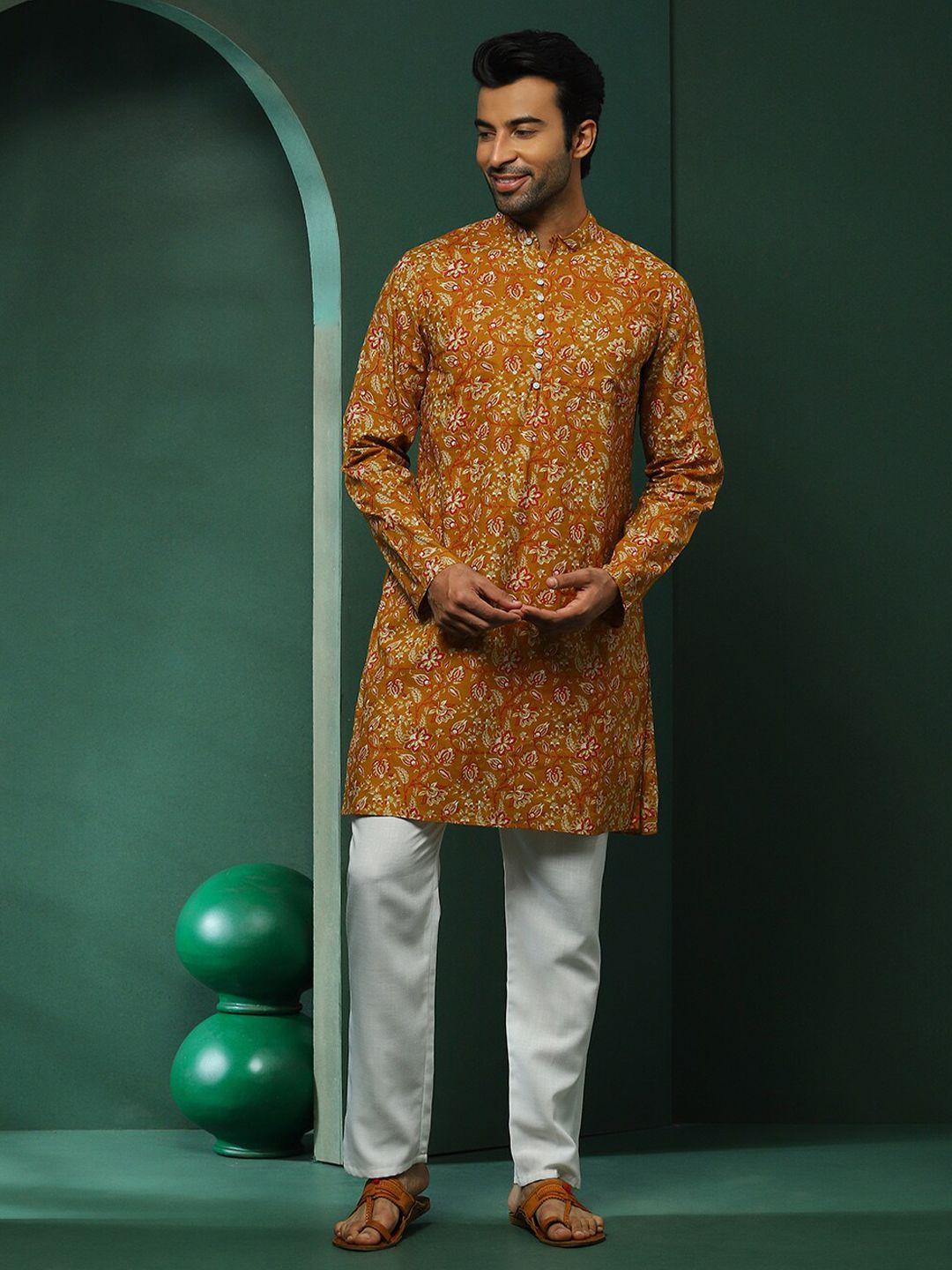 aks floral printed mandarin collar long sleeves cotton straight kurta