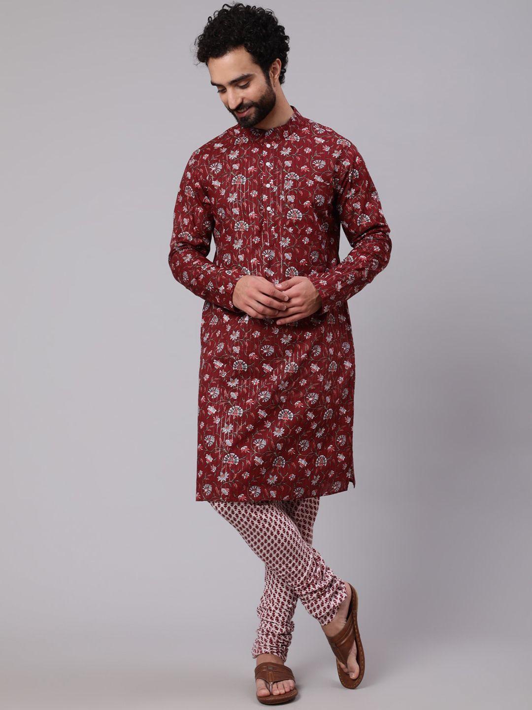 aks floral printed mandarin collar regular pure cotton kurta with churidar