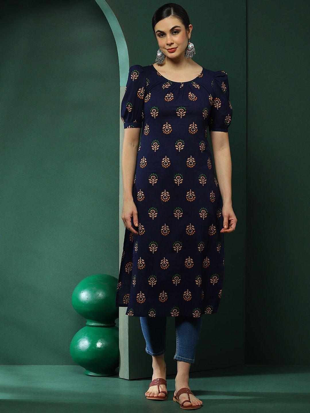 aks floral printed puff sleeves cotton straight kurta