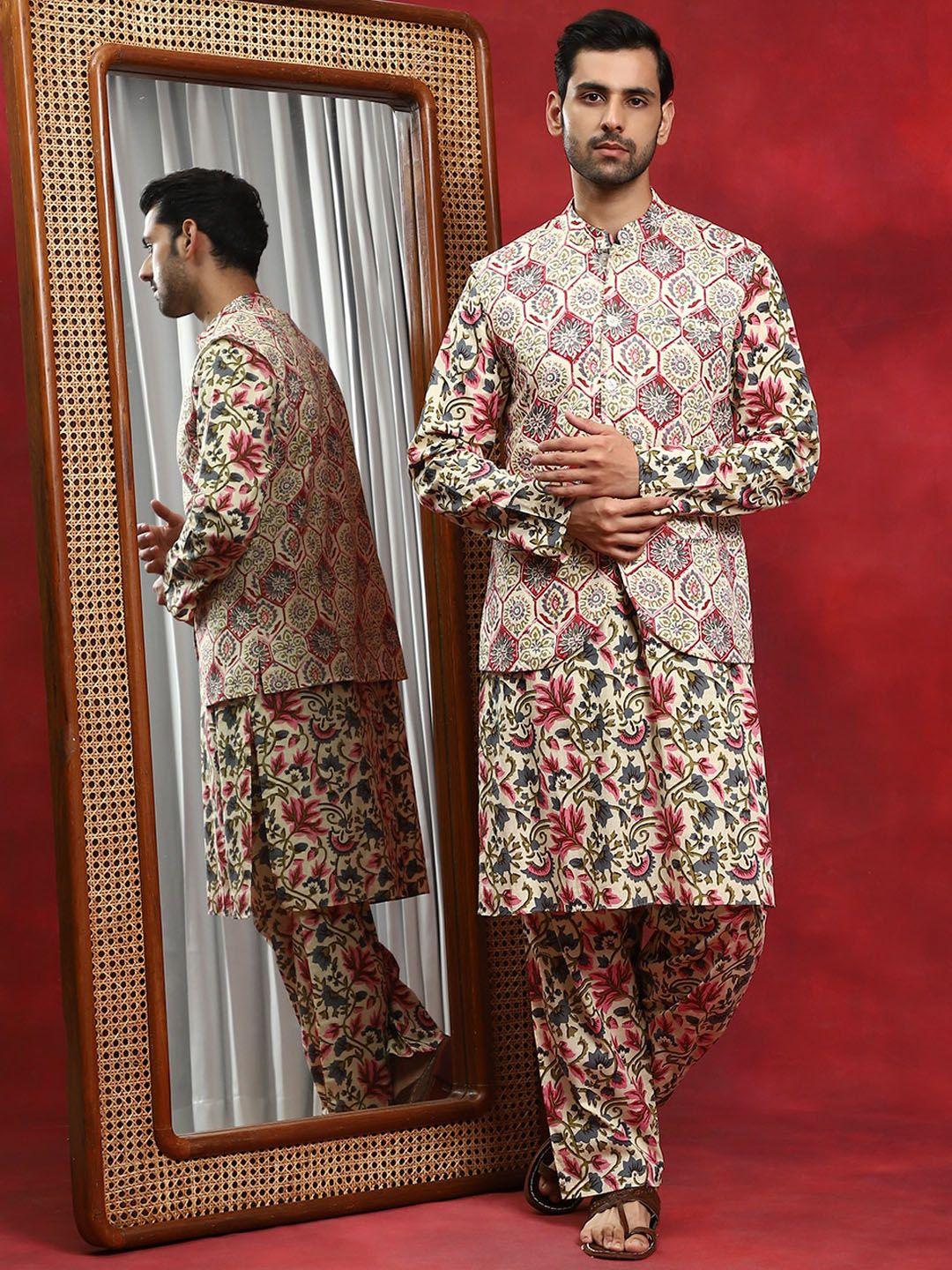 aks floral printed regular pure cotton kurta with pyjamas & nehru jacket