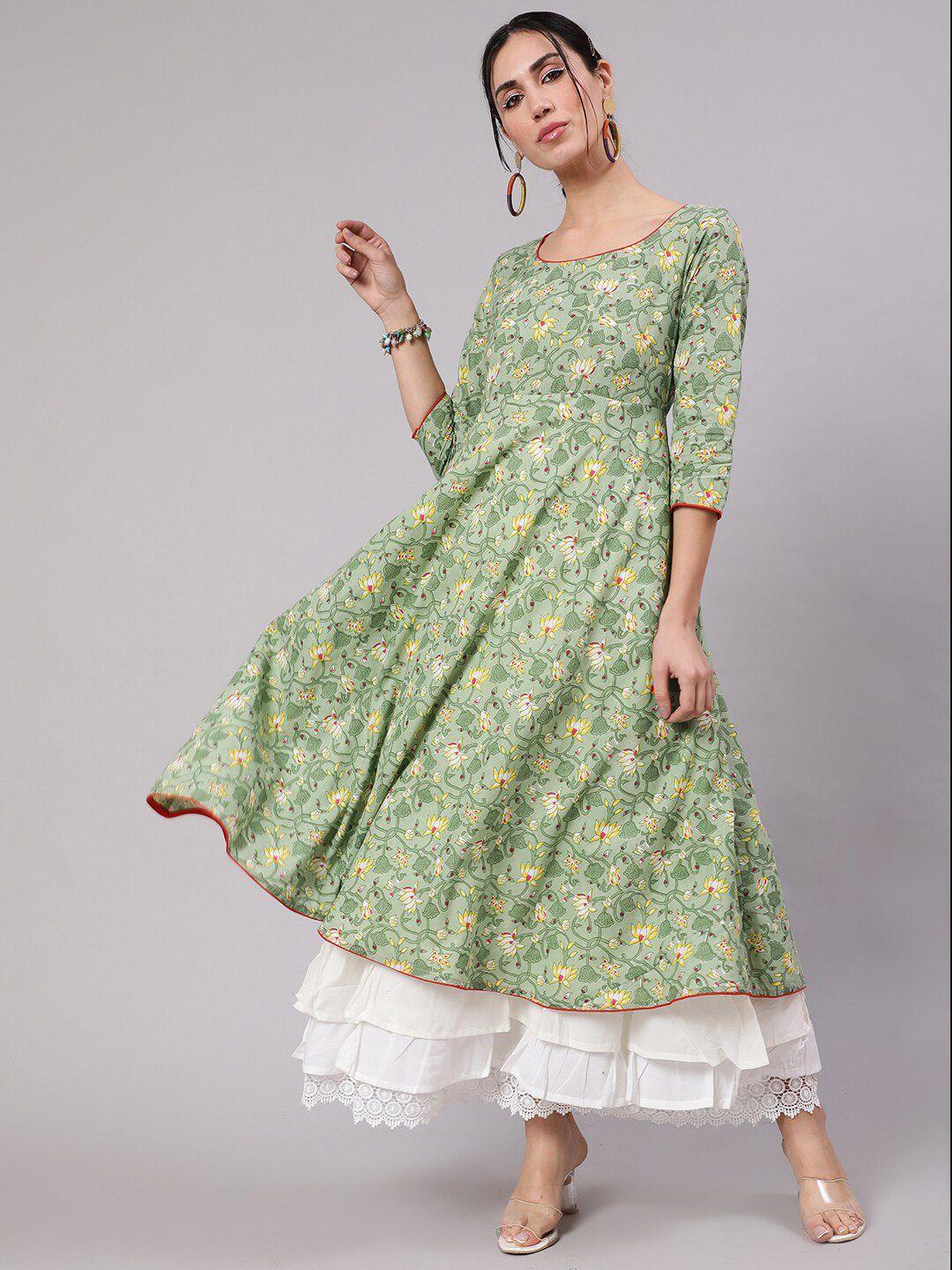 aks floral printed round neck cotton layered maxi dress