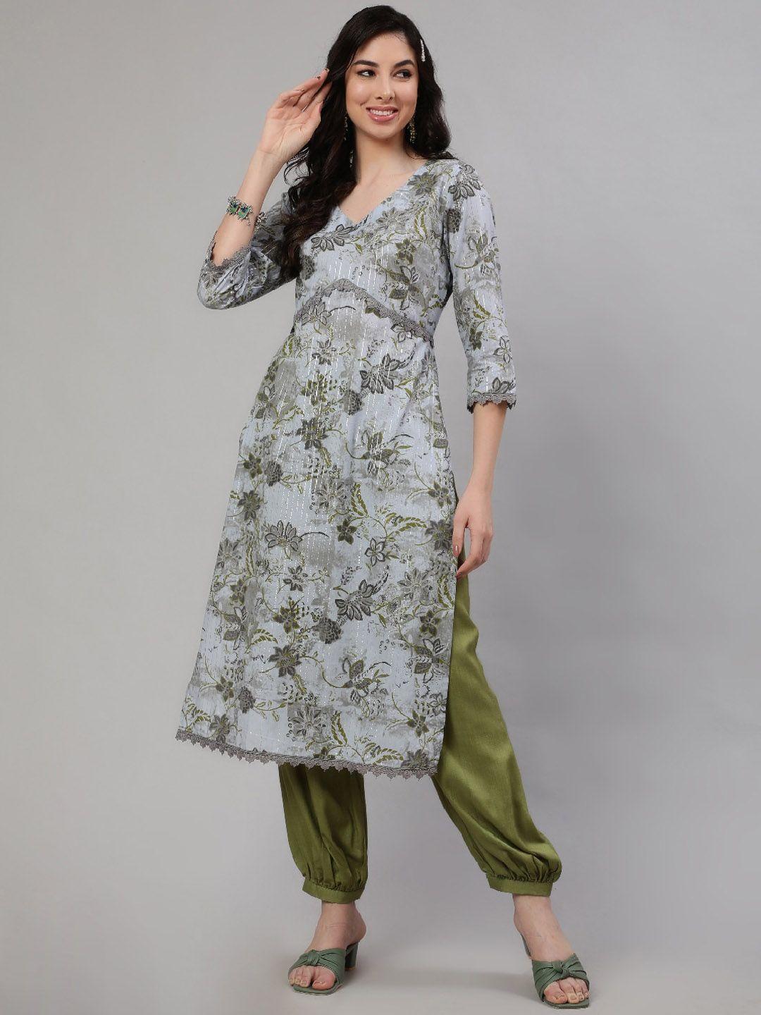 aks floral printed v-neck cotton straight kurta