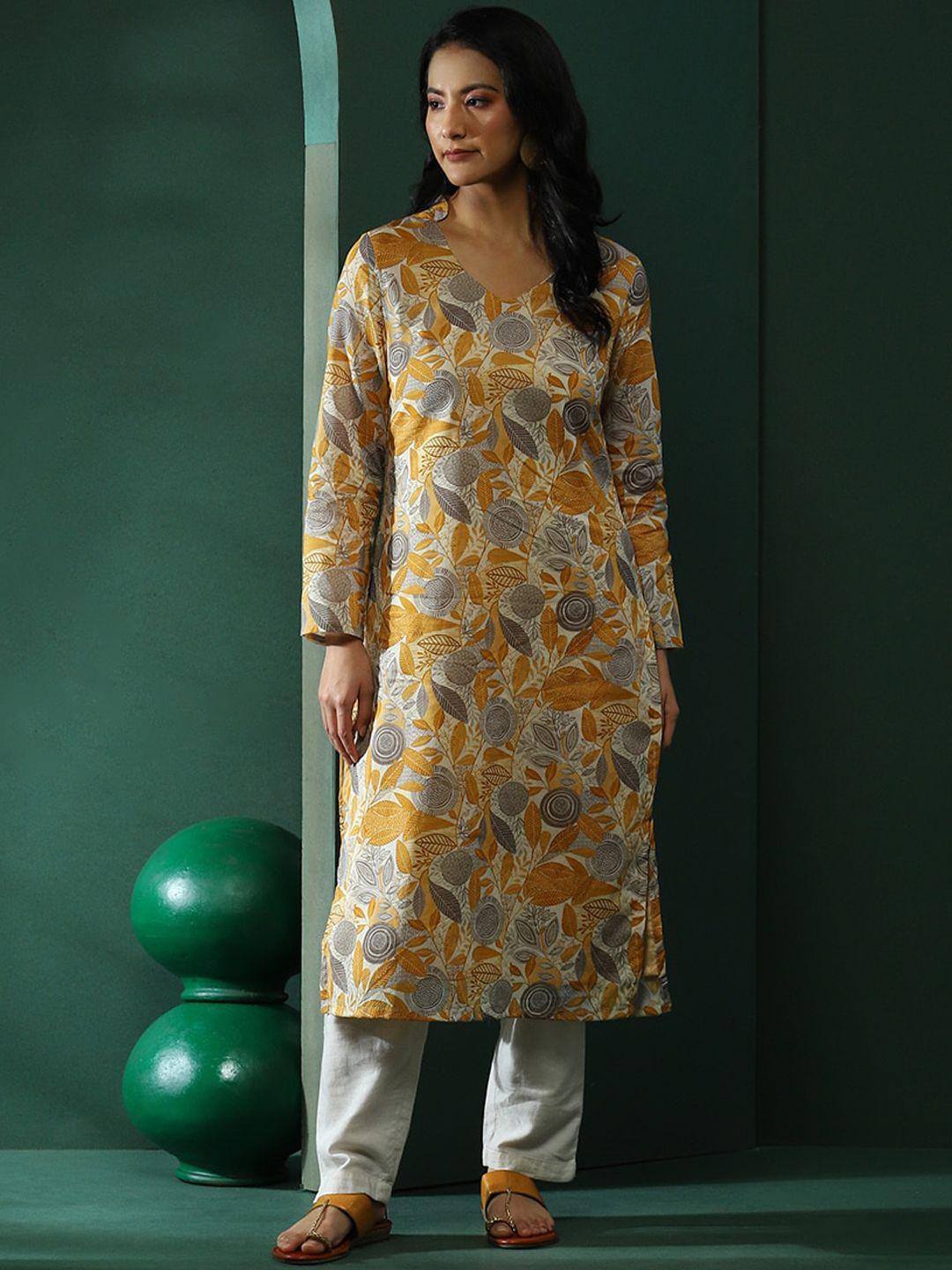 aks floral printed v-neck long sleeves mulmul cotton straight kurta