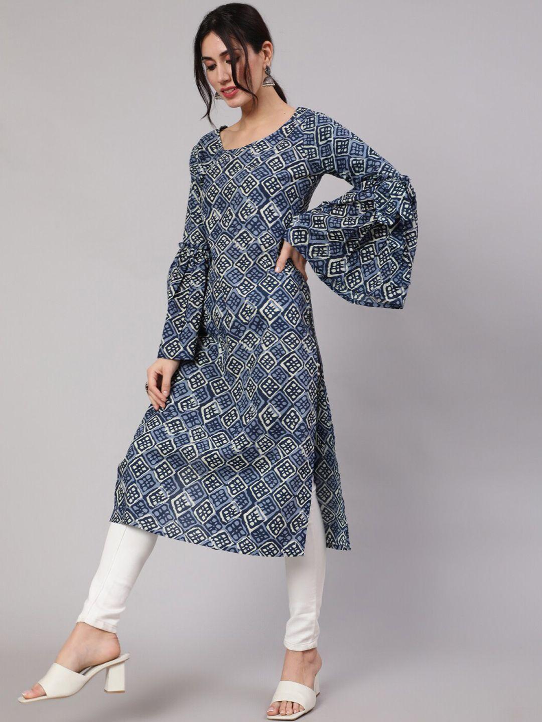 aks geometric printed flared sleeves cotton straight kurta