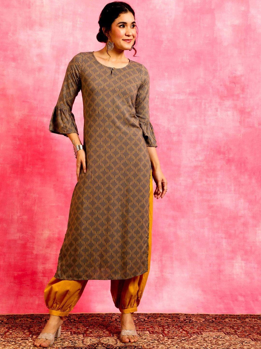 aks geometric printed keyhole neck bell sleeves cotton straight kurta