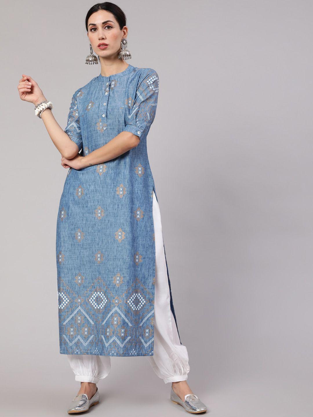 aks geometric printed mandarin collar cotton a-line kurta