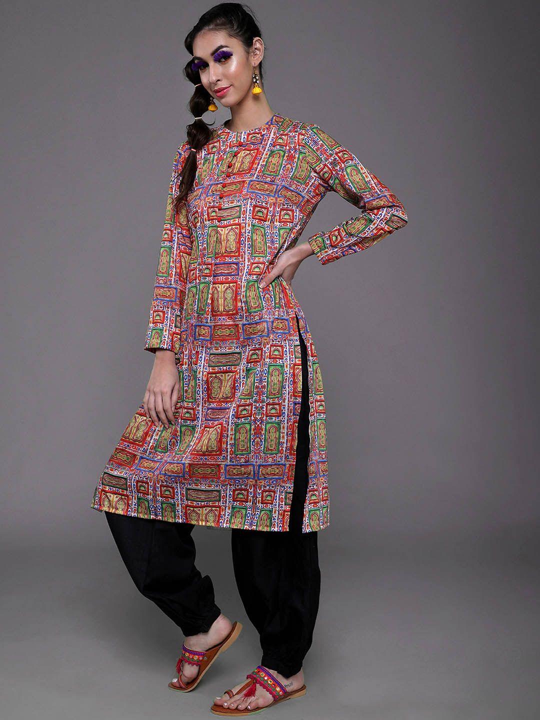 aks geometric printed mandarin collar kurta