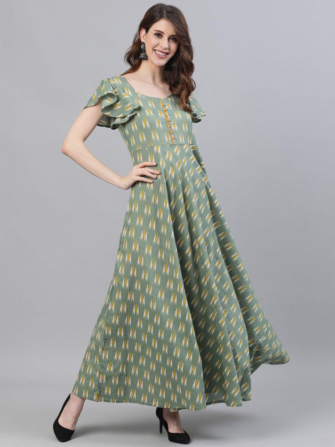 aks green ethnic motifs print puff sleeve maxi dress