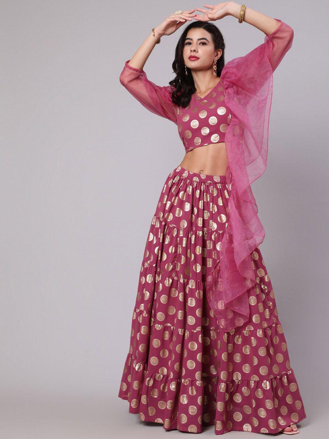 aks magenta & gold-toned printed ready to wear lehenga & blouse with dupatta