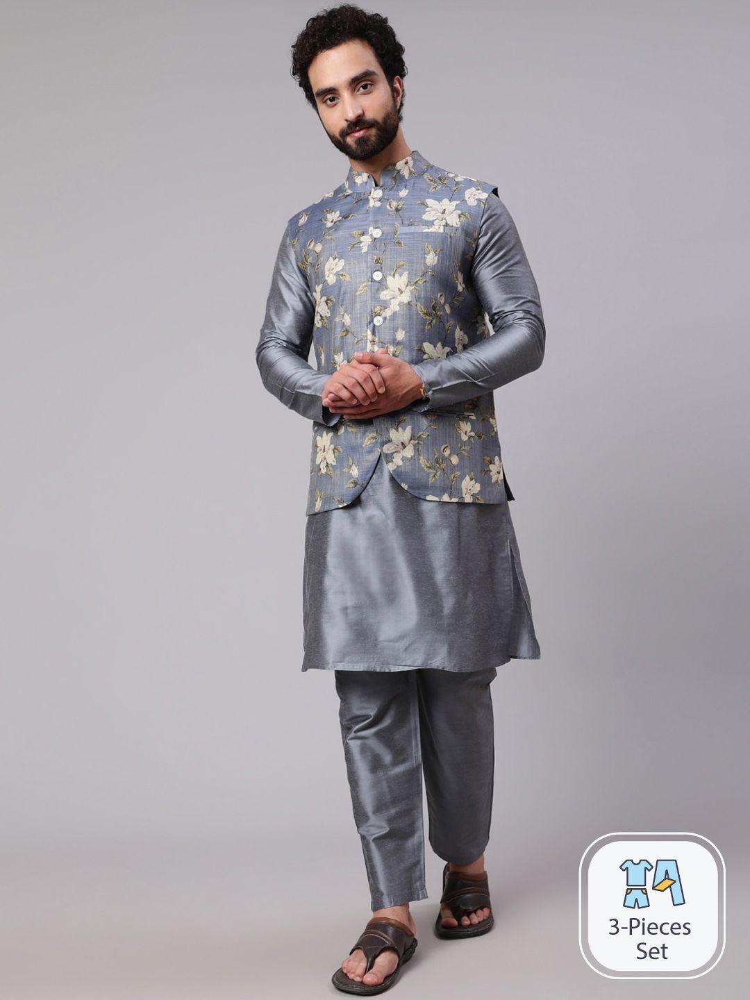 aks mandarin collar kurta with trousers & nehru jacket