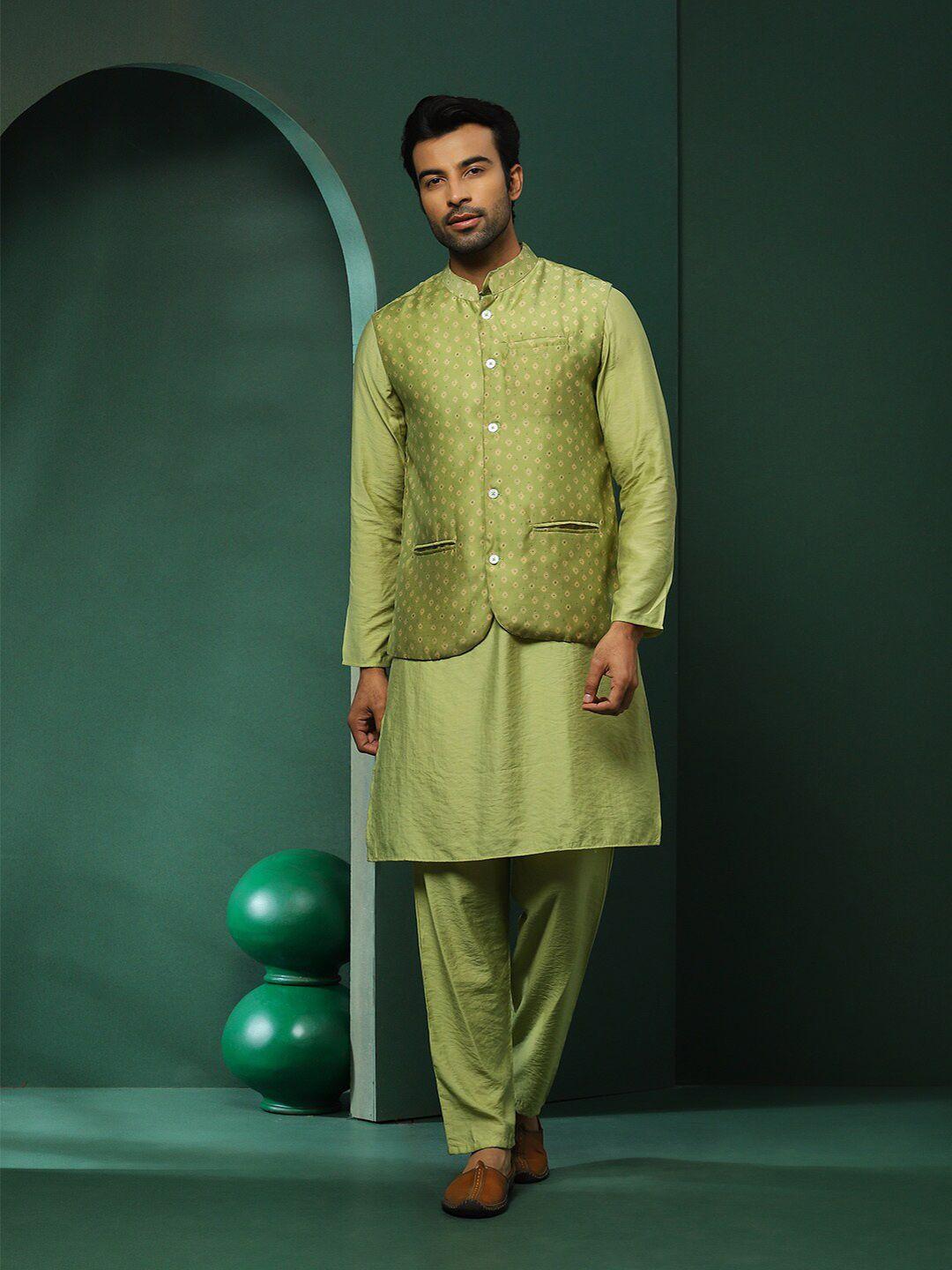 aks mandarin collar regular chanderi silk straight kurta with trouser & nehru jacket