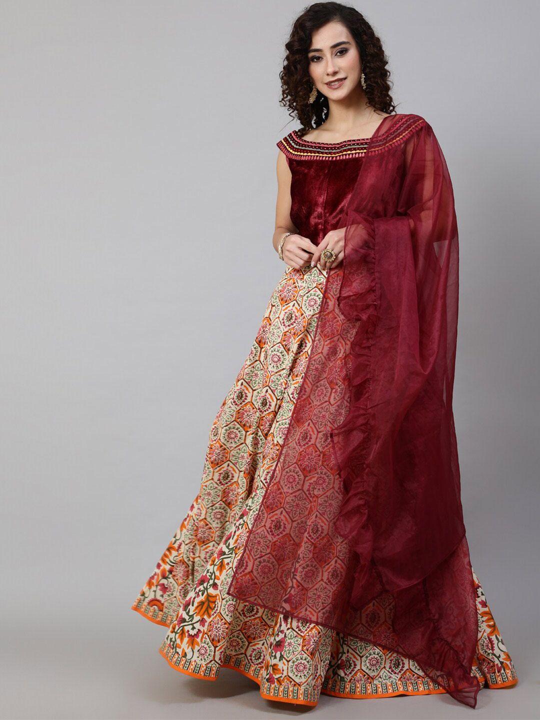 aks maroon & orange embroidered ready to wear lehenga & blouse with dupatta