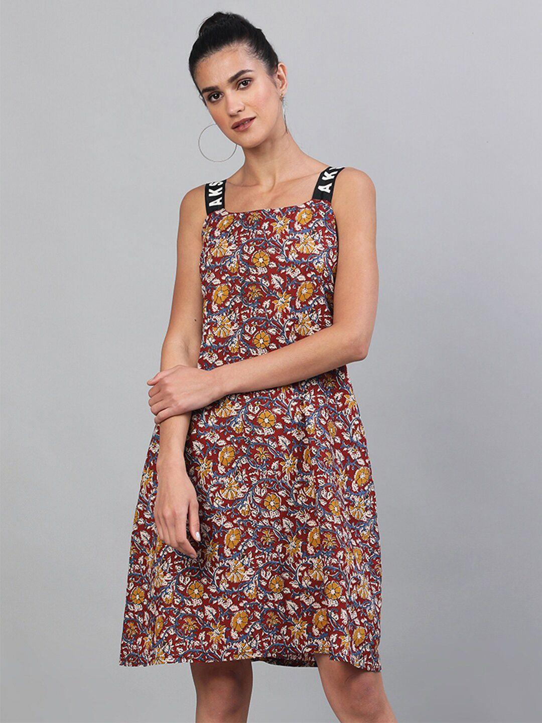 aks maroon floral print a-line dress