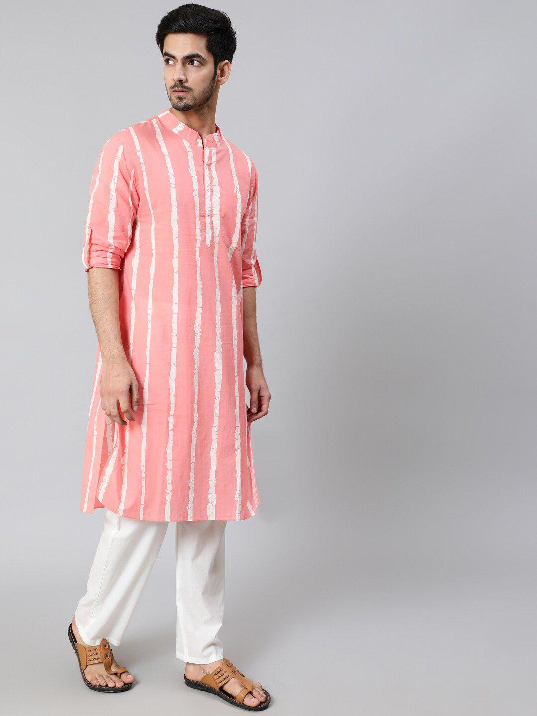 aks men striped mandarin collar cotton regular kurta