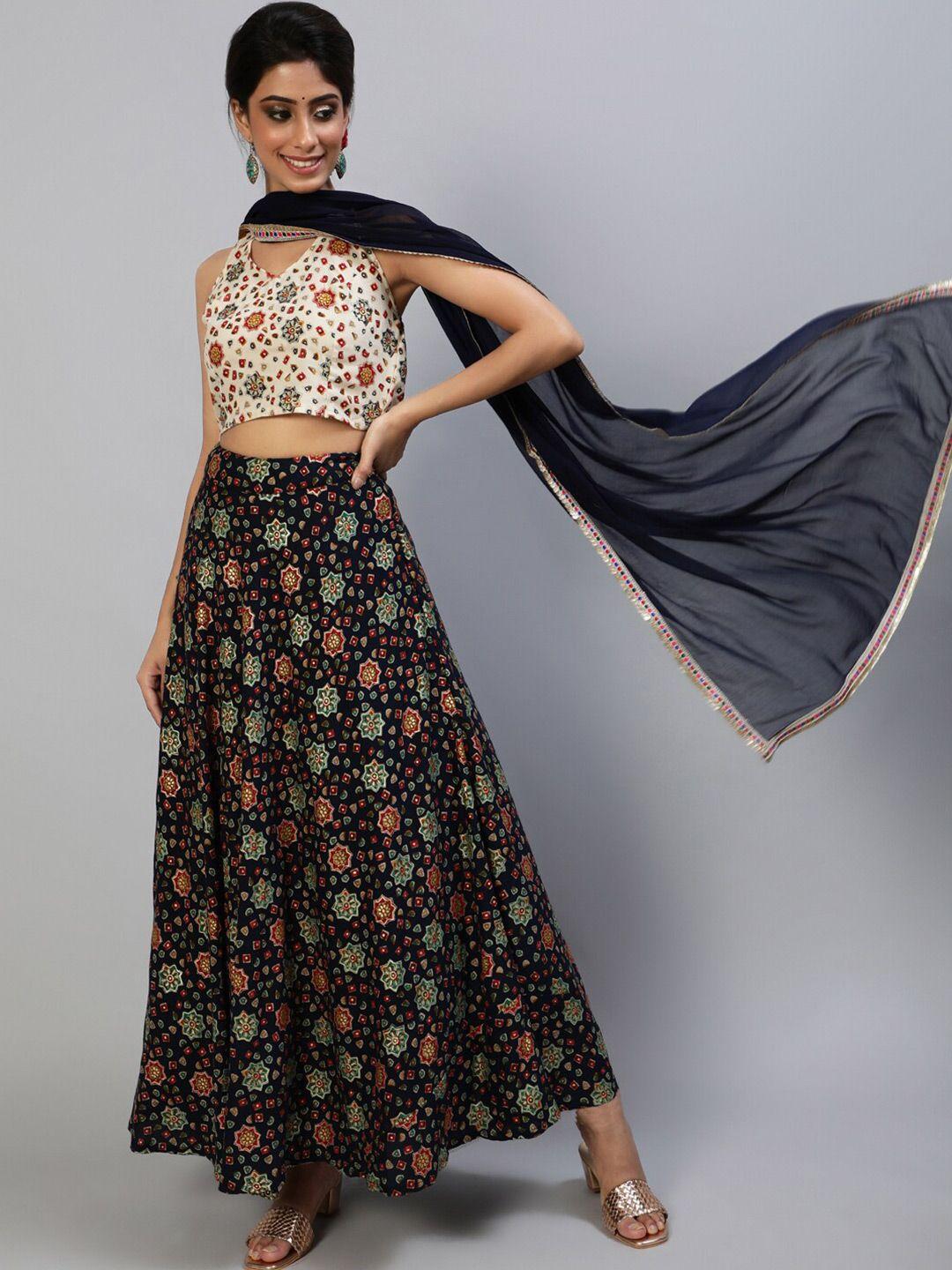 aks navy blue & white printed ready to wear lehenga & blouse with dupatta