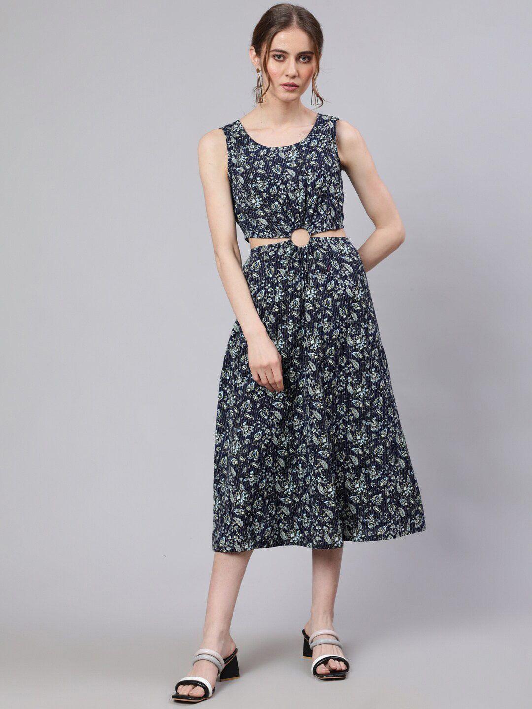 aks navy blue floral print fit & flare midi dress