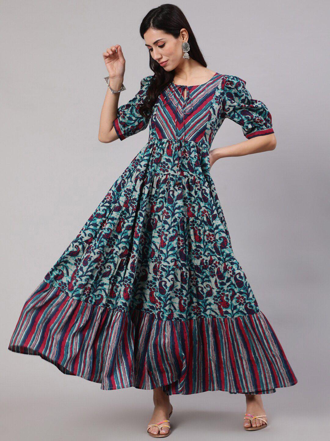 aks navy ethnic motifs printed puff sleeves cotton maxi dress