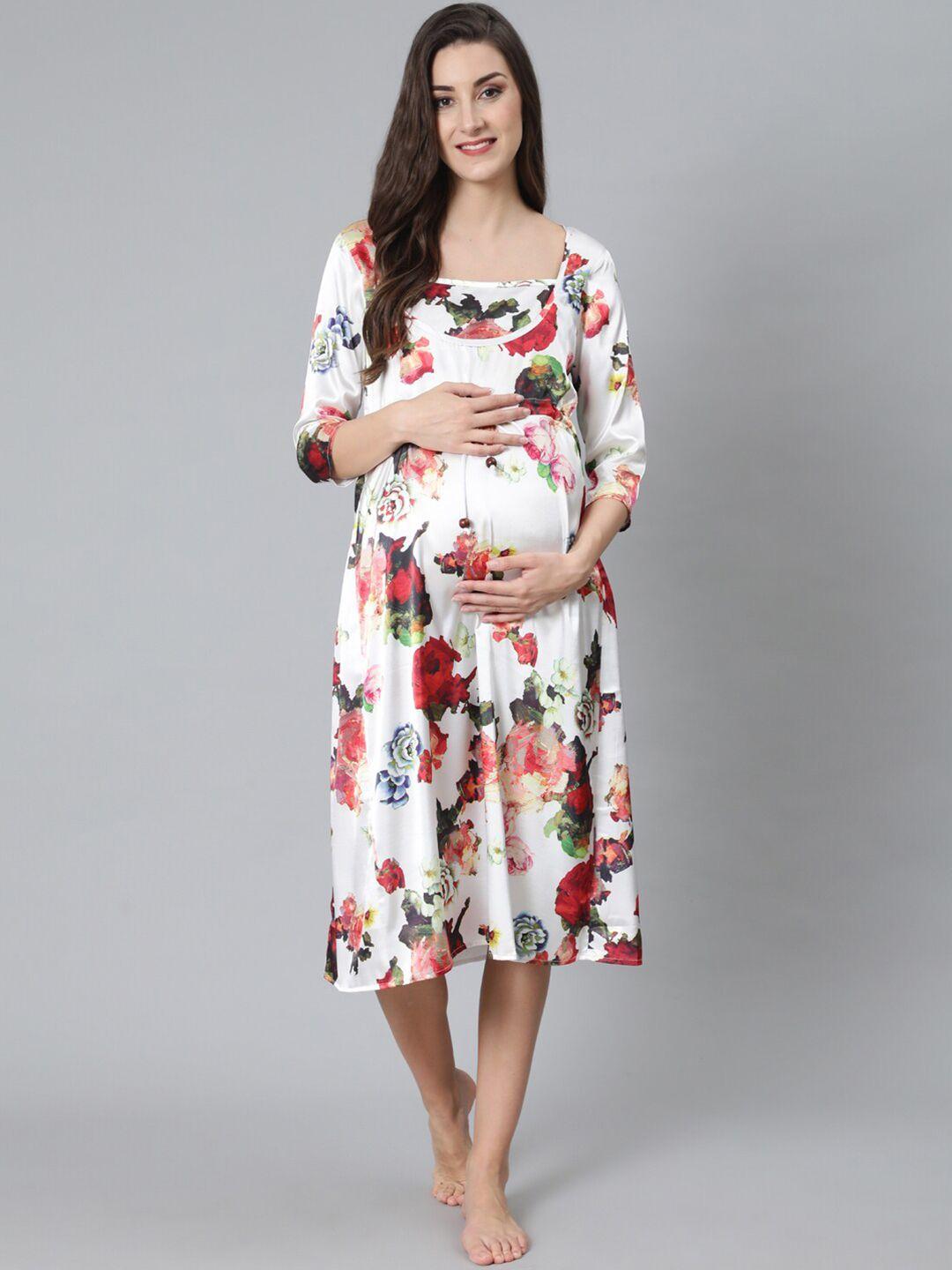 aks off white floral print cold-shoulder satin maternity fit & flare midi dress