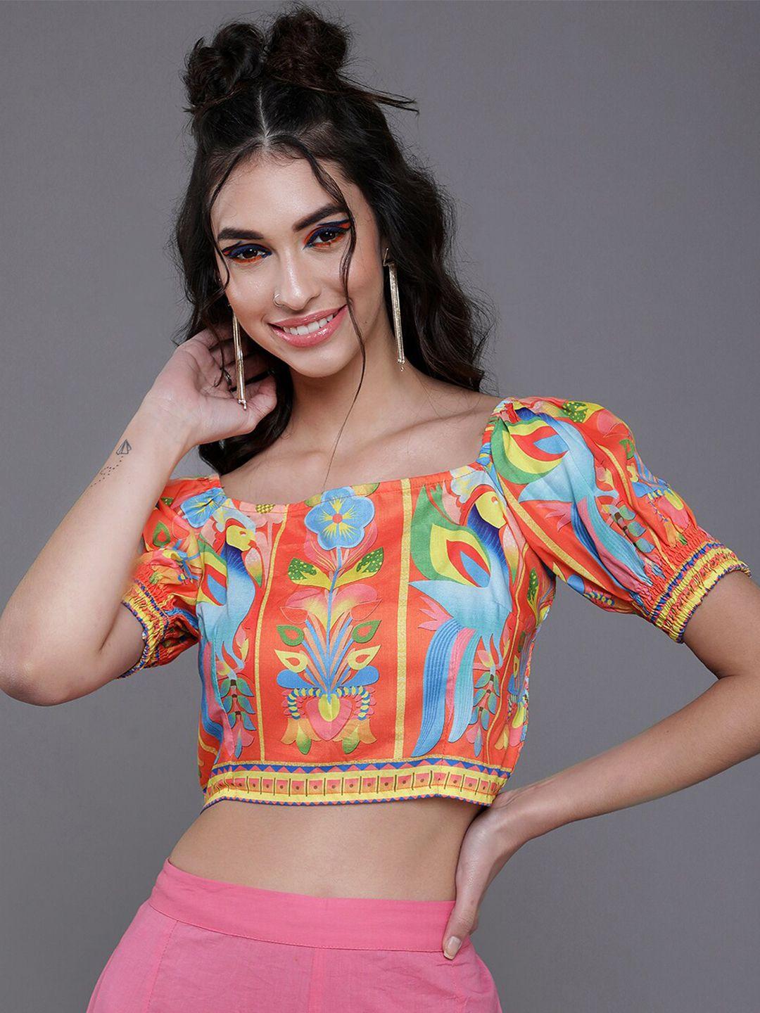 aks orange & blue floral print crop top