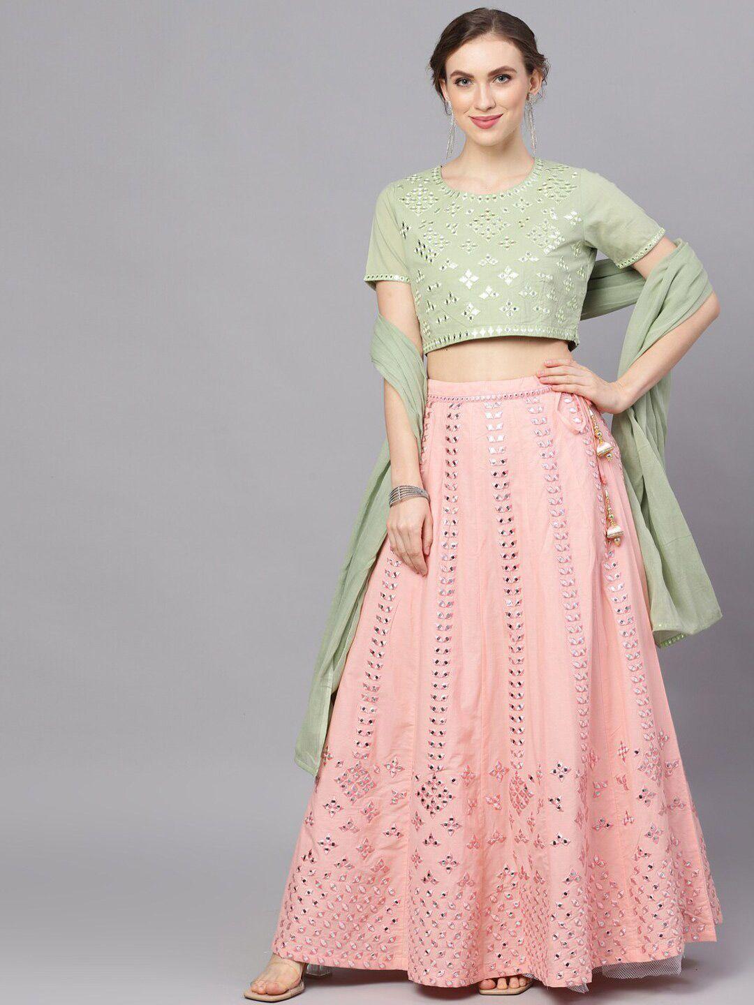 aks peach-coloured & green embroidered mirror work ready to wear lehenga & blouse with dupatta