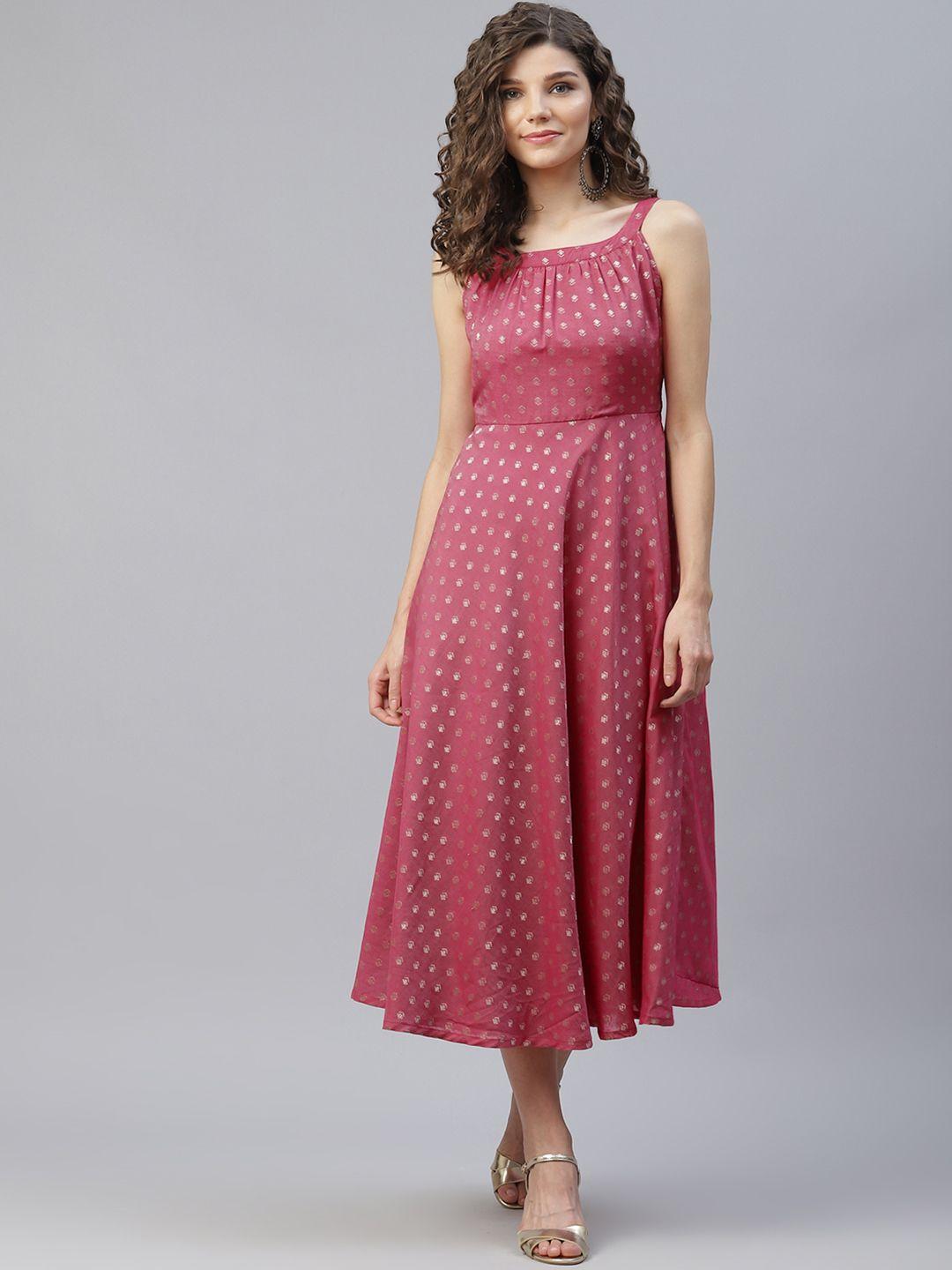 aks pink ethnic motifs woven design a-line midi dress