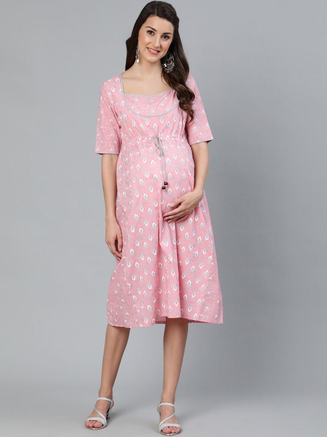 aks pink floral print maternity a-line midi dress