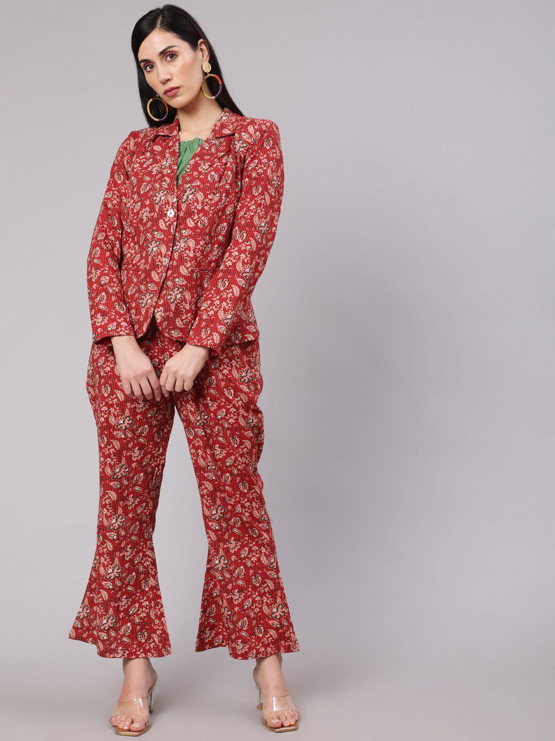 aks printed pure cotton blazer with trousers co-ords