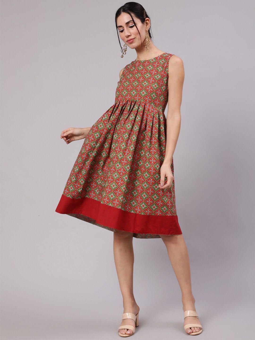 aks red ethnic motifs print fit & flare mini dress