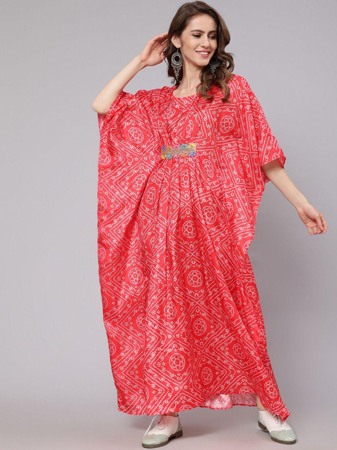 aks red ethnic motifs print kimono sleeve maxi dress