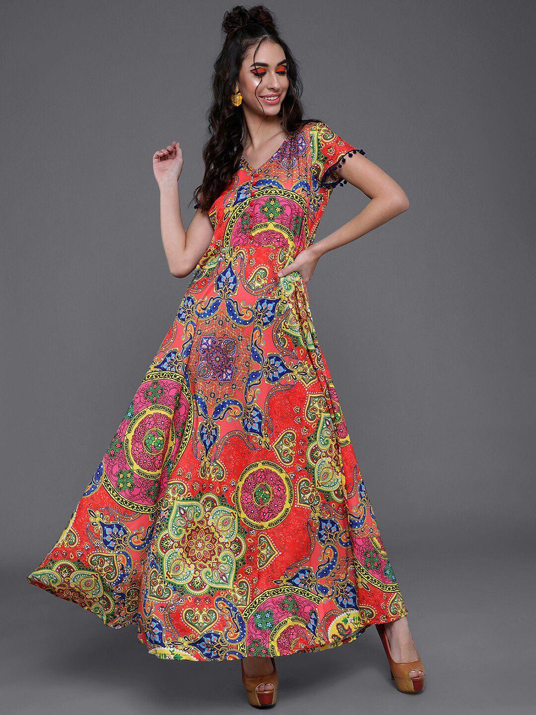 aks red ethnic motifs print maxi dress