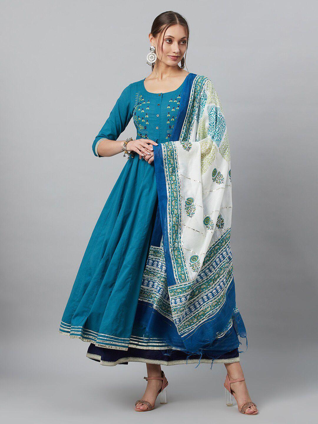aks round neck ethnic motifs printed embroidered yoke design thread work cotton maxi dress