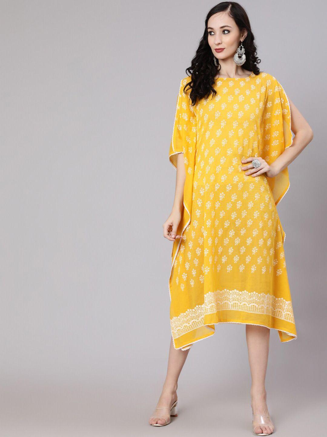 aks round neck ethnic motifs printed kaftan slit sleeve asymetric cotton midi dress