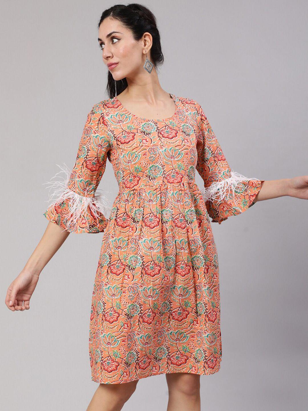 aks round neck floral printed flared sleeve gathered cotton a-line dress