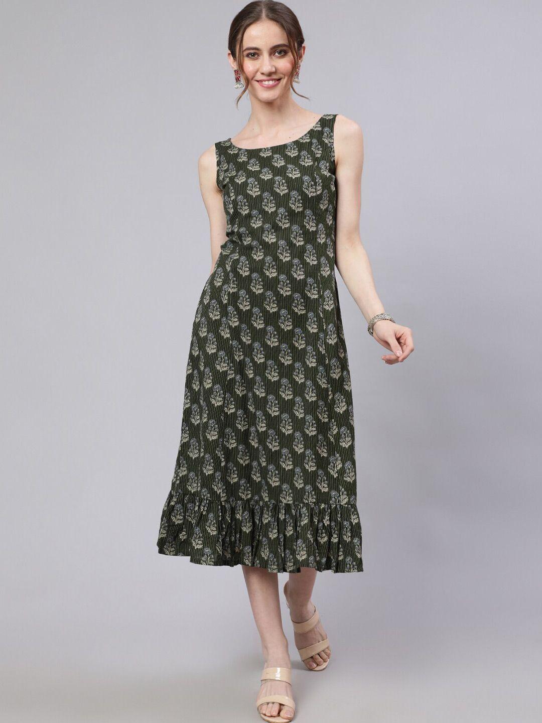 aks round neck floral printed tiered thread work flounce hemline a-line cotton midi dress